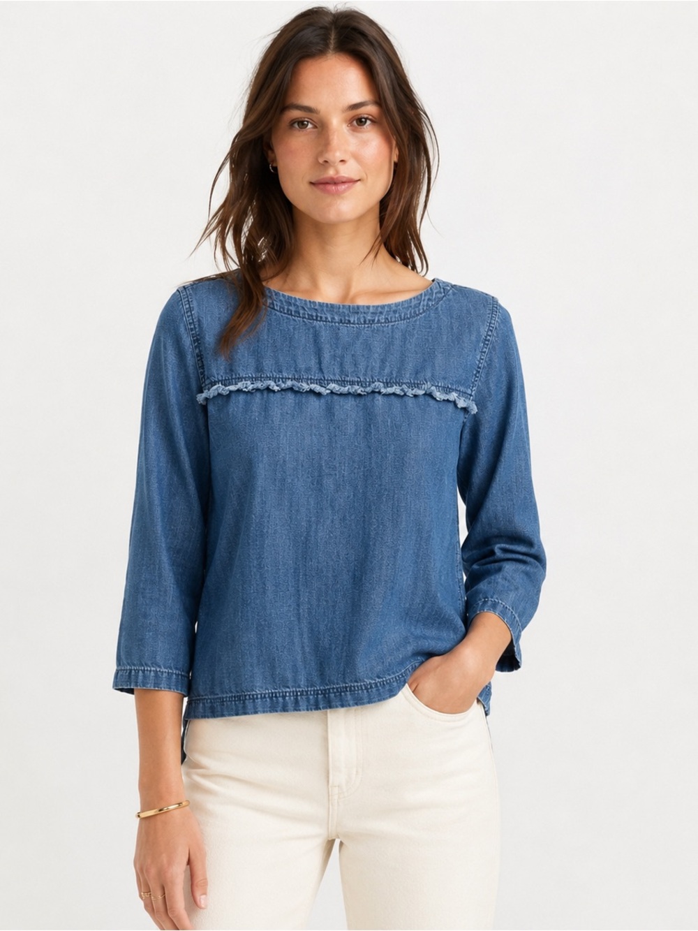 Madewell Chambray Denim Fringe Yoke Top Blue 3/4 Sleeve Size Small